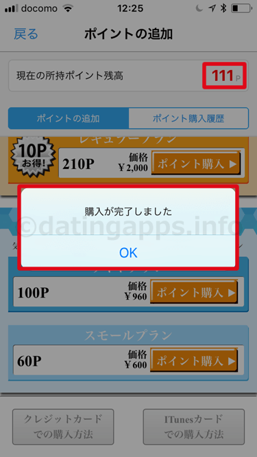 アプリ版ハッピーメールの App ID 決済でのポイント購入完了画面